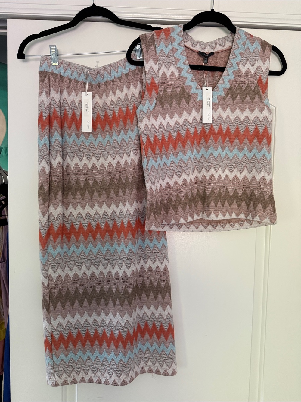 DREW Zigzag Knit Skirt Set in Coral, Powder Blue & Taupe